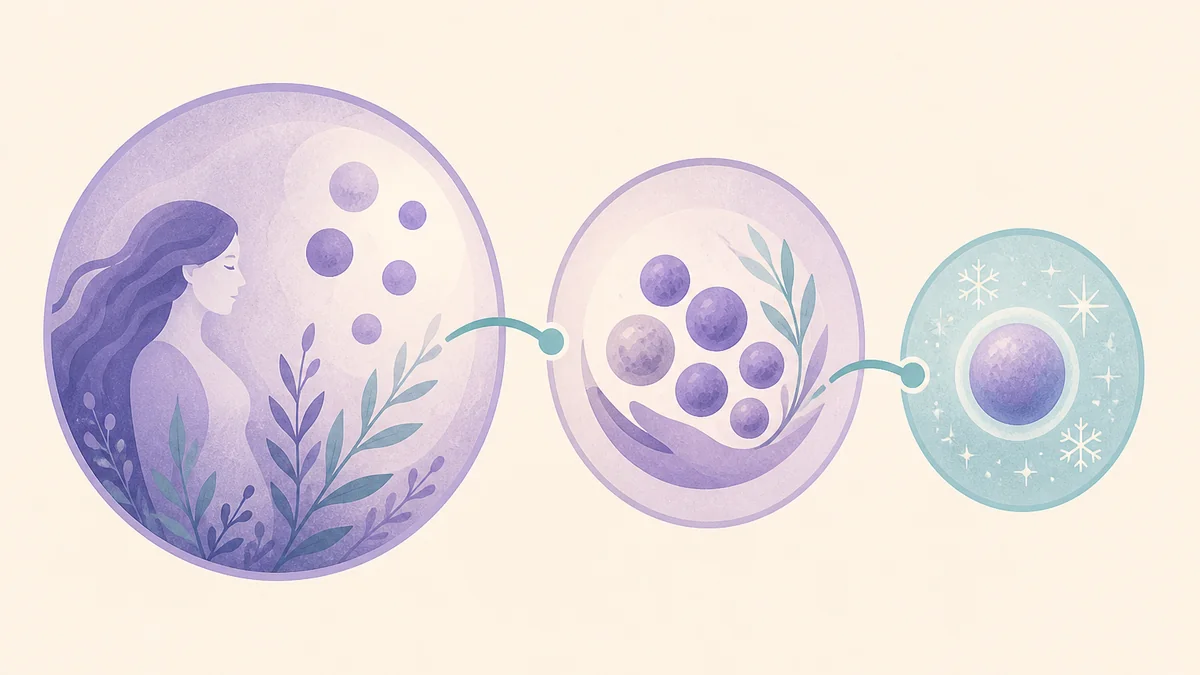 Three connected circles with frost accents — abstract harvest-to-freeze journey