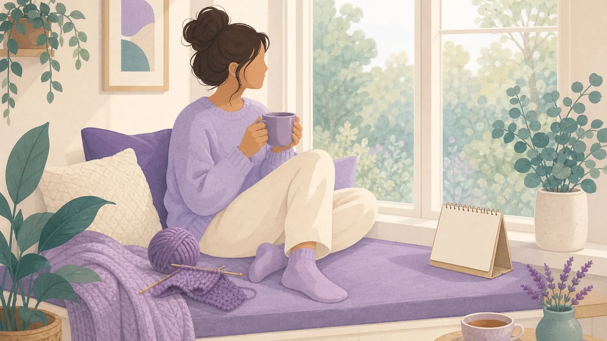Quiet window seat with tea and yarn — self-care during the two-week wait