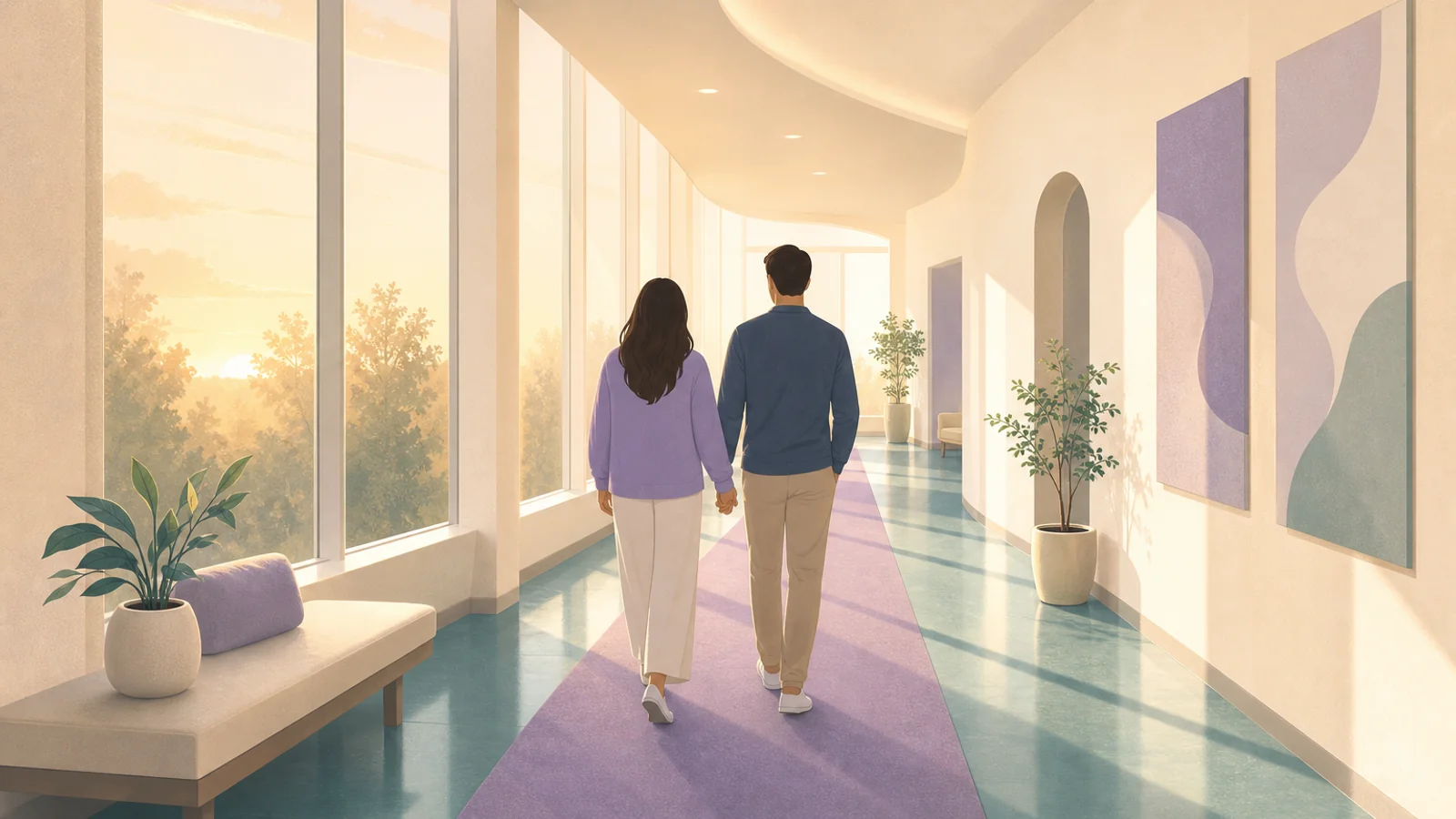 Calm illustration of a fertility clinic corridor with soft light — IVF education guide