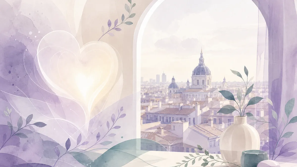 Soft abstract illustration of hopeful light in a calm fertility-care setting inspired by Madrid
