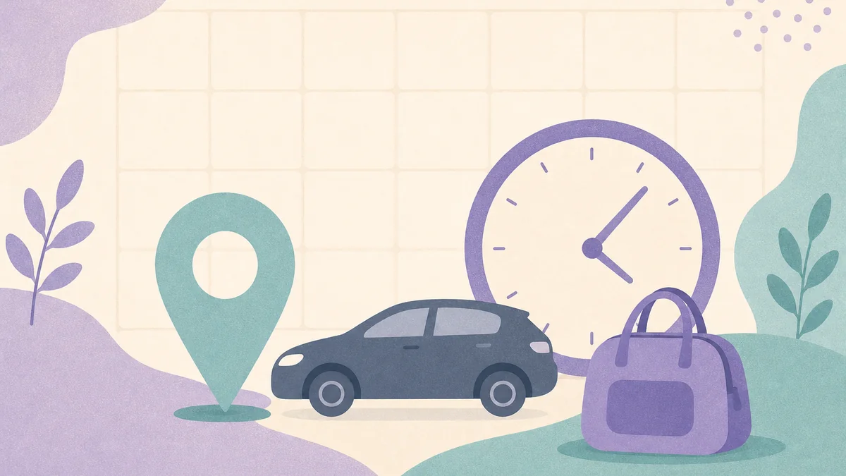 Travel and timing icons for IVF logistics — map pin, clock, and bag