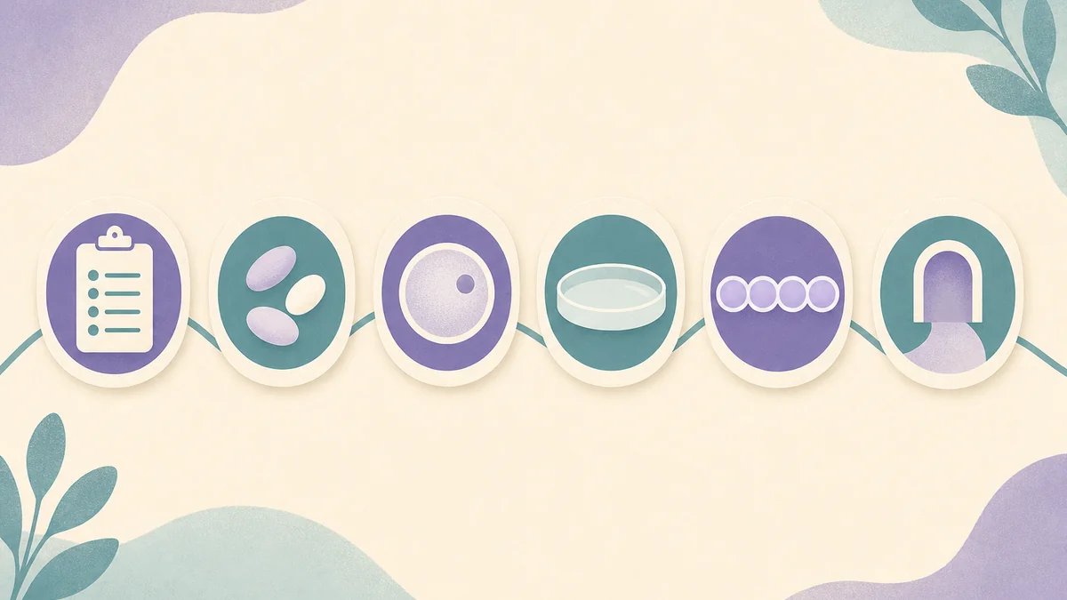 Abstract step icons showing the main stages of IVF without medical labels